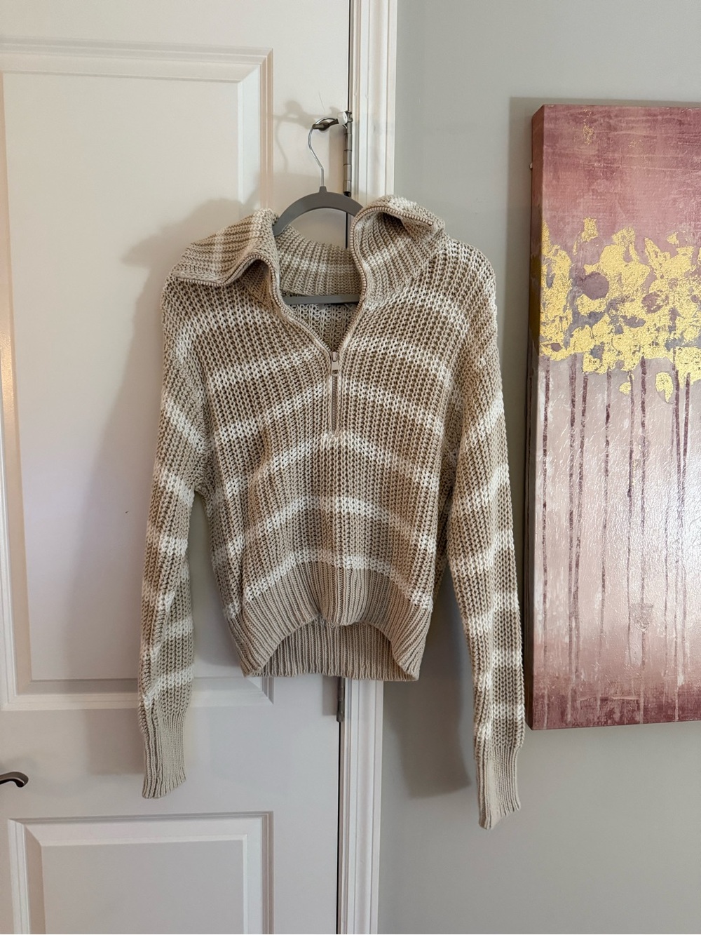 American Eagle Outfitters Beige and Cream Striped Half-Zip Turtleneck Sweater